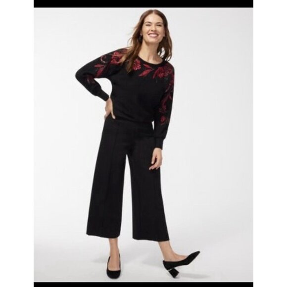 STUNNING Chico's Sweater Black Red Floral Embroidered Christmas Holiday Sz 3 XL‎ - Picture 2 of 16